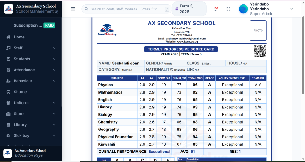 Termly Progressive Score Card - New Lower Secondary Curriculum